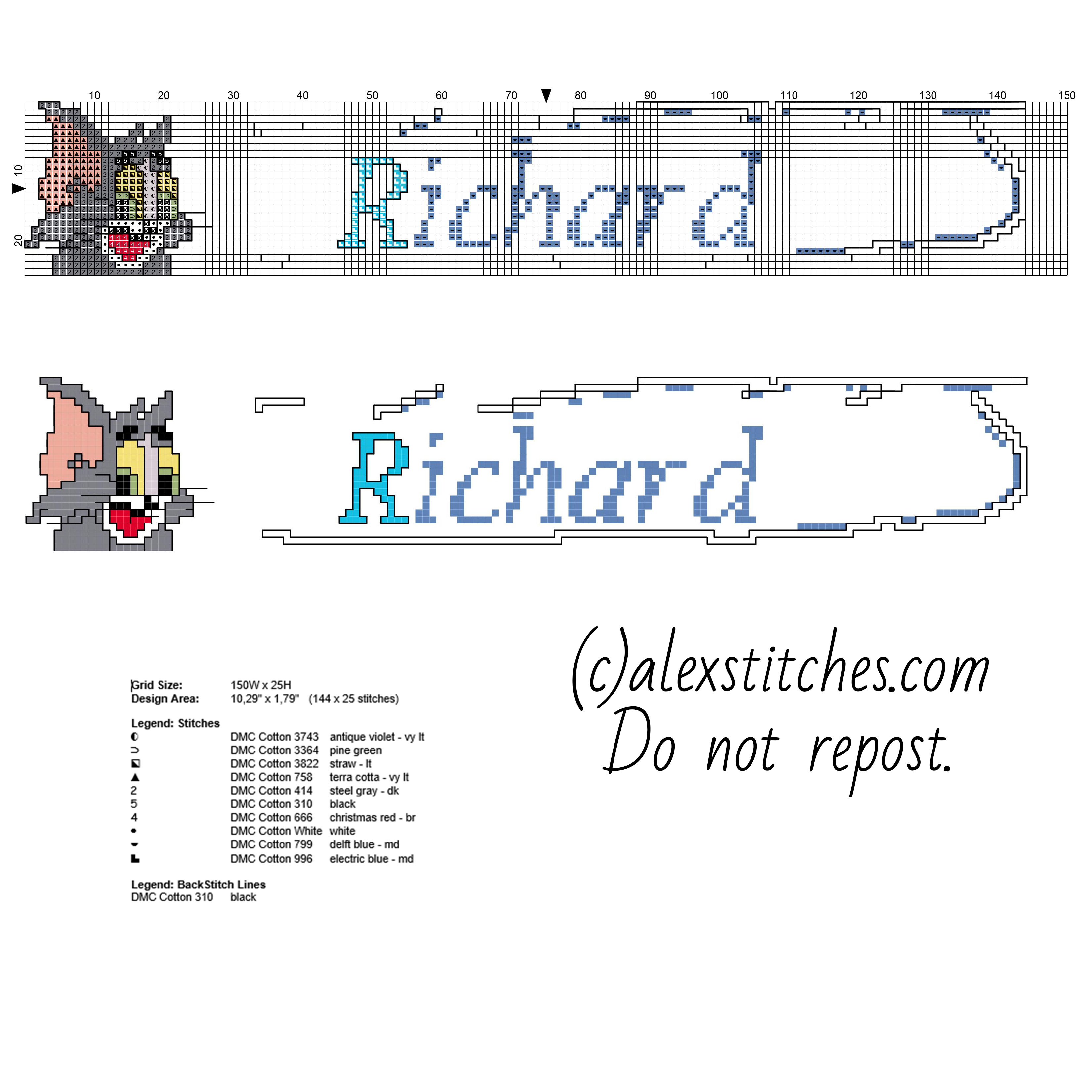 Cross stitch baby male name Richard with Tom the cat free pcstitch download