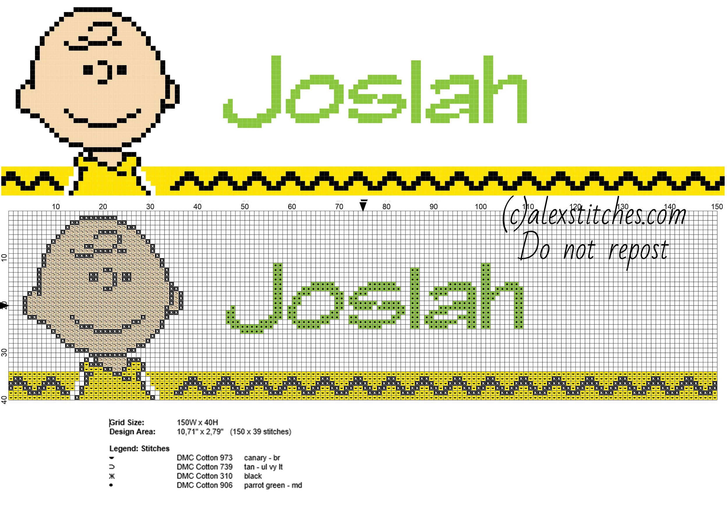 Josiah cross stitch baby male name with Peanuts Charlie Brown