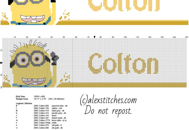 Male name Colton with Despicable Me Minion character free cross stitch patterns