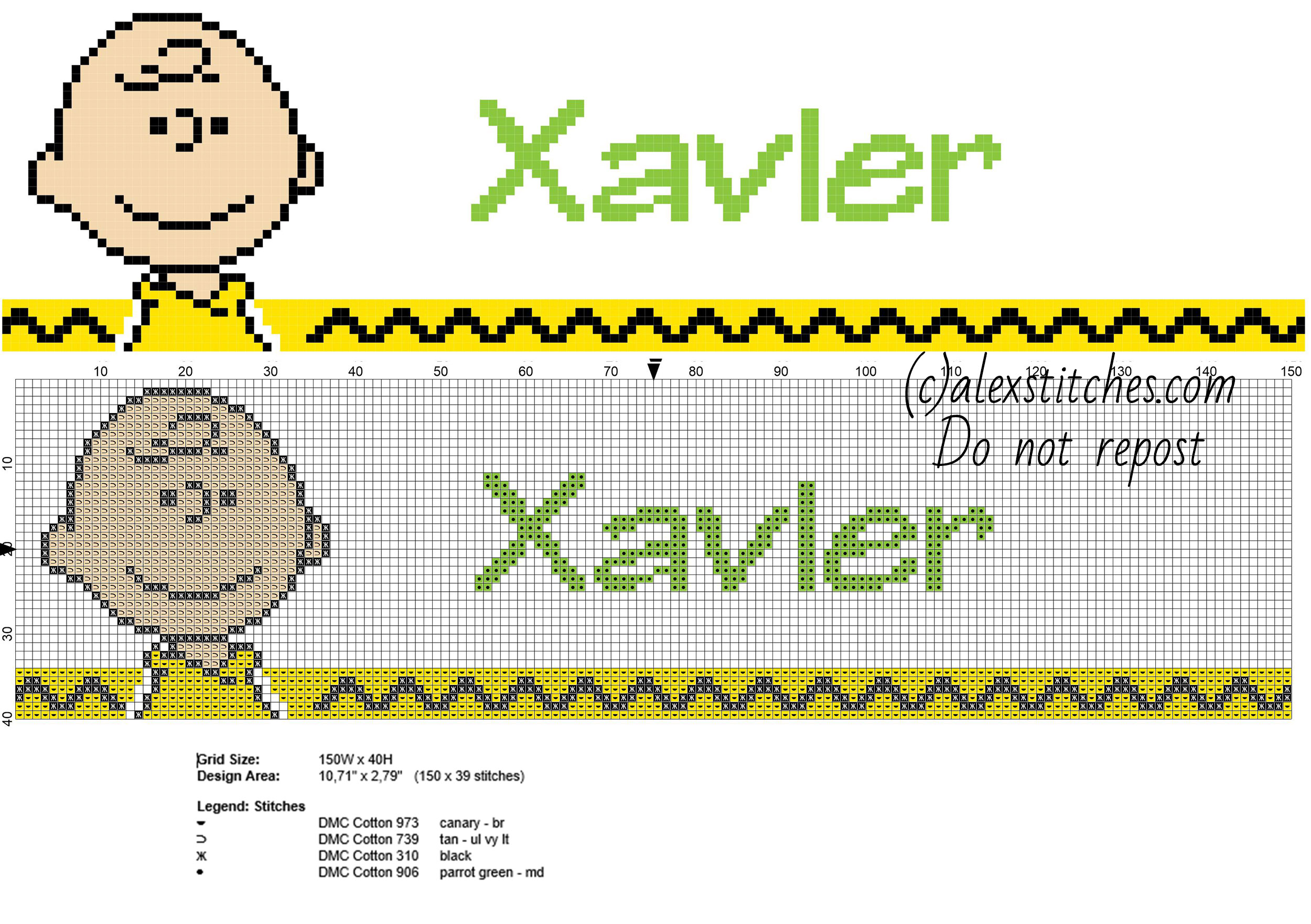 Xavier cross stitch baby male name with Peanuts Charlie Brown